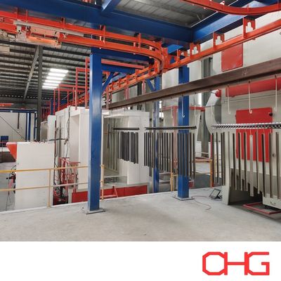 Attrezzatura per linea di verniciatura a polvere con profili in alluminio con sistema di trasporto